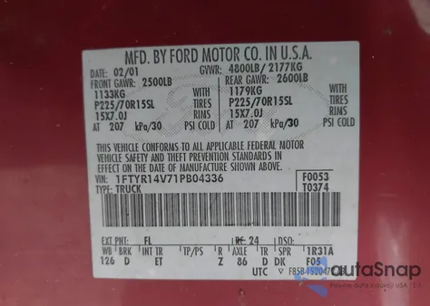 2001 Ford Ranger Edge/Xl/Xlt z USA, uszkodzony, nr VIN 1FTYR14V71PB04336